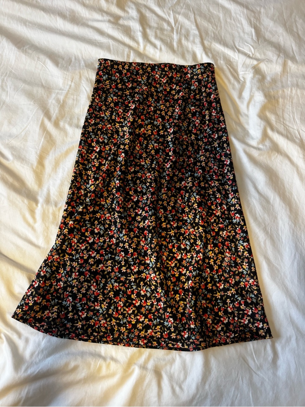 LOFT Black Floral A-Line Midi Skirt with Multicolor Blossoms